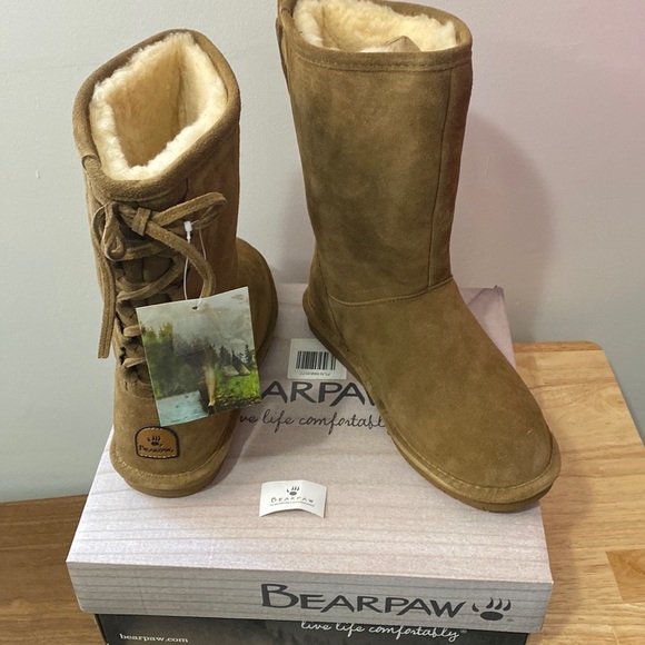 BearPaw Shoes - NWT Bear paw lace up the back boots. Suede and sheepskin. Extremely comfy. Sz 10